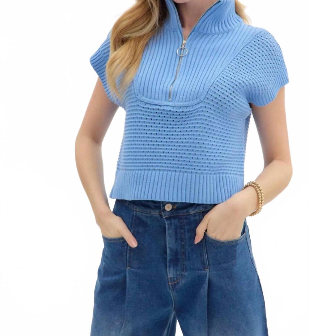 NEW ENTRO high neck half-zip sweater top in light blue